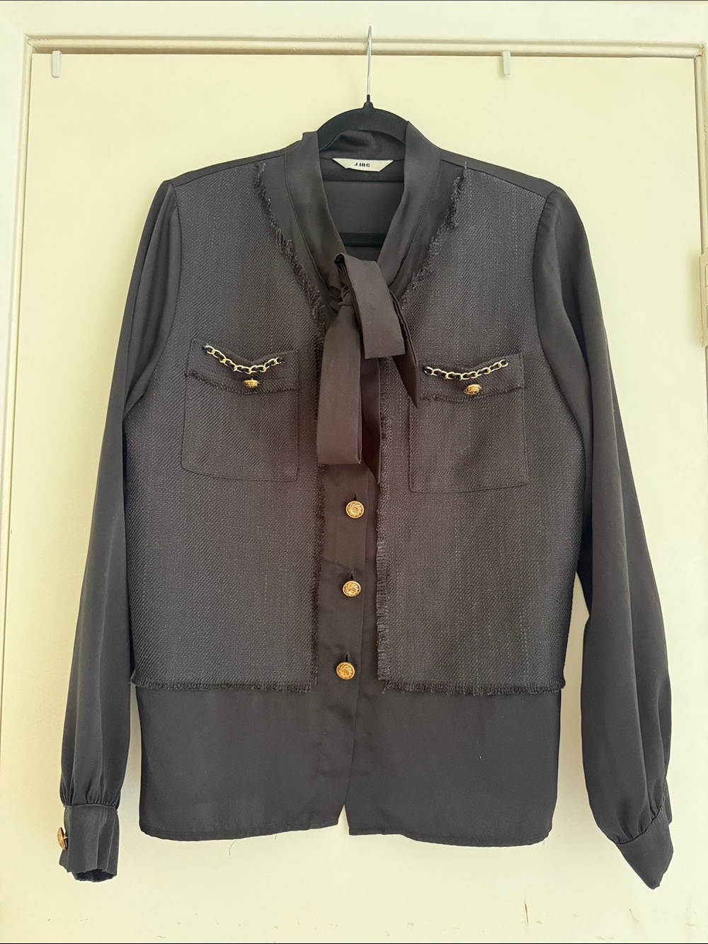 J Ing Black Bow-Neck Buttoned Tweed-Panel Blouse with Gold Accents size S